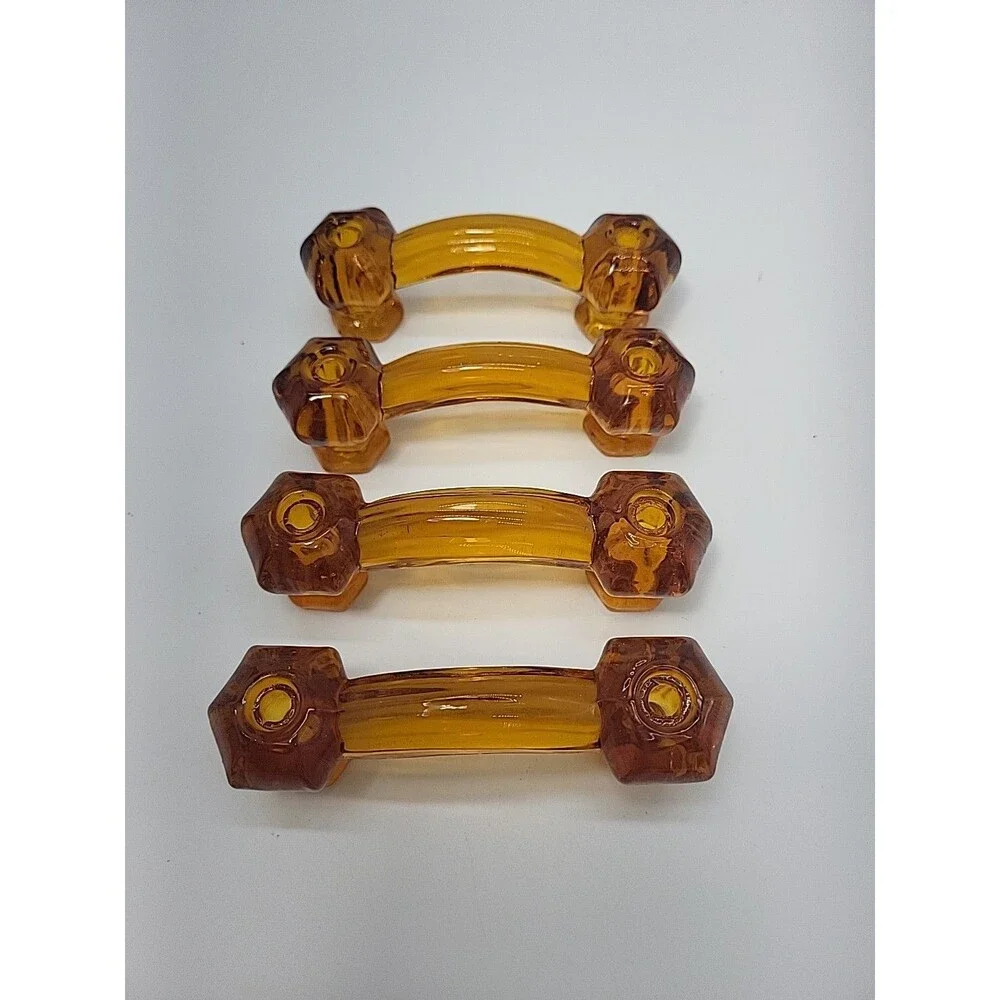Set Of 4 Amber Glass Drawer Pulls Handles Vintage Depression Style NO HARDWARE